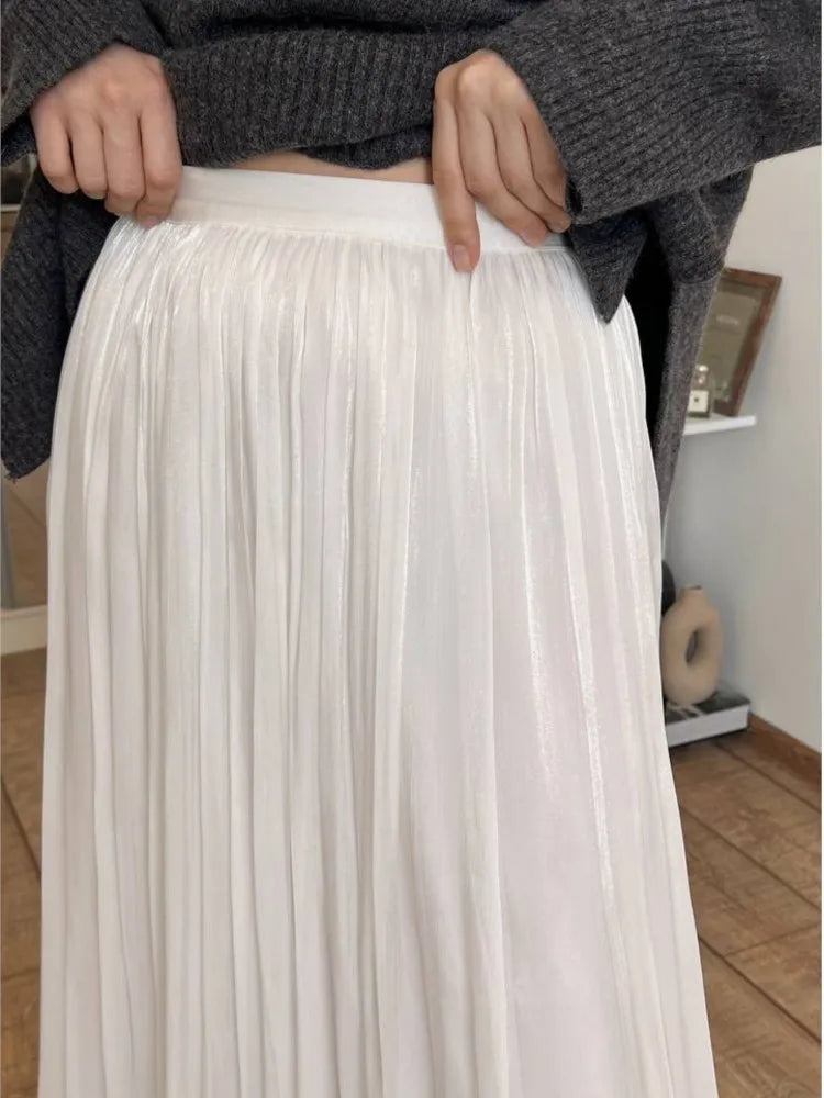 French Elegant Solid Silky Shiny Long Skirt Fashion Elastic Waist Satin Pleat Women Dress Spring Korean Chic A-line Ladies Skirt voguable