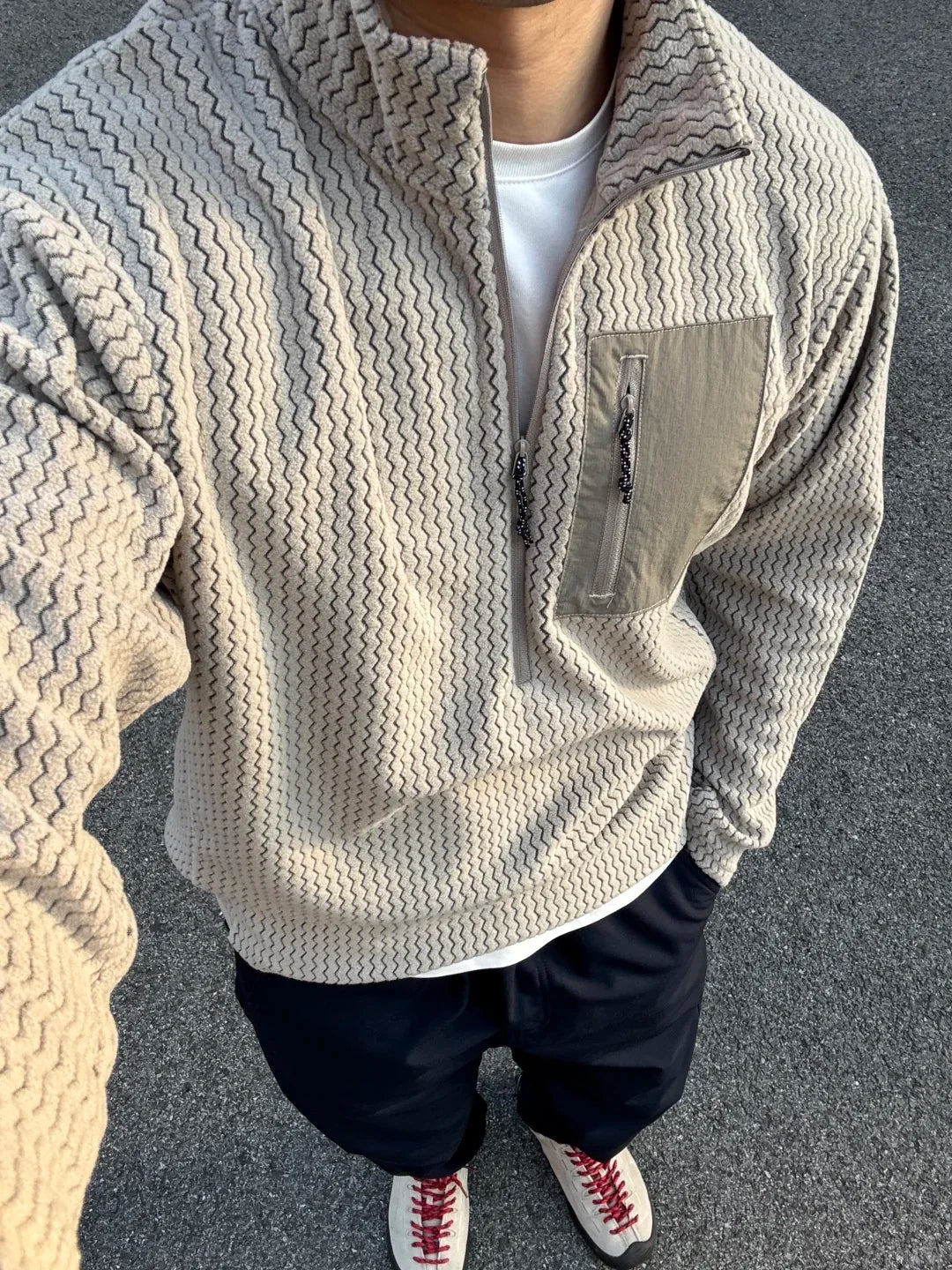 Voguable  Outdoor Half Zipper Fleece Sweatshirt Couple Style Stand Collar Wave Texture Thermal Casual Men's Women's Warm Cardigan Sweater voguable