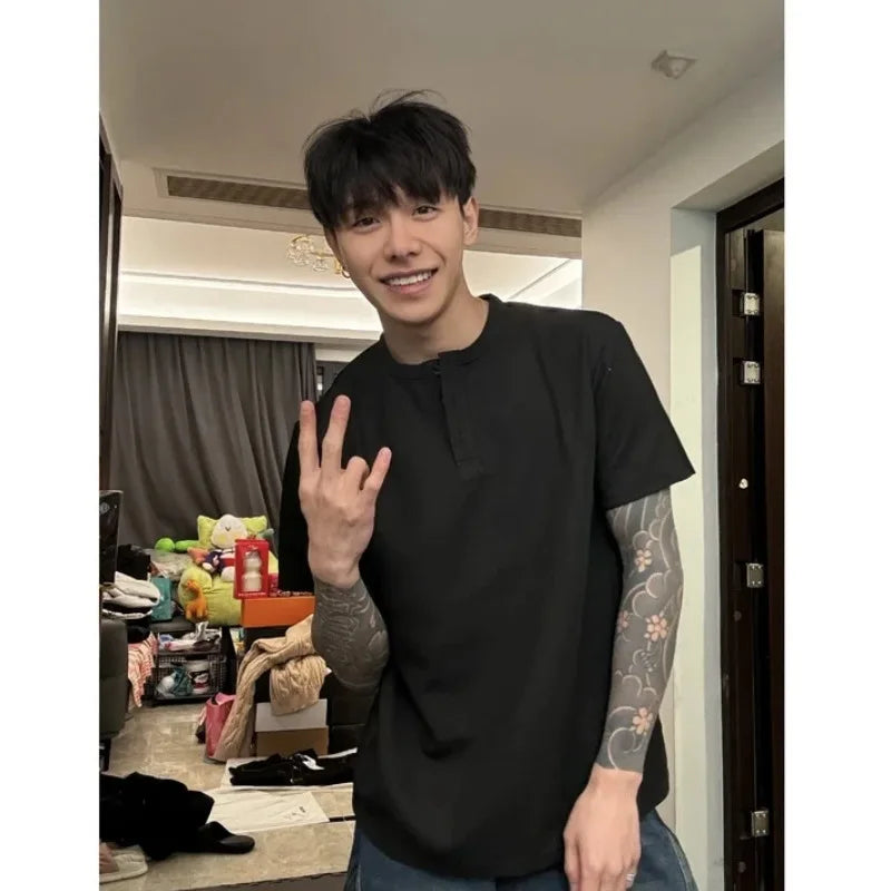 Henley Collar Summer Men Short Sleeve T-Shirt Waffle Button Casual Solid Color T Shirts Loose Comfortable Breathable Beach Tops voguable