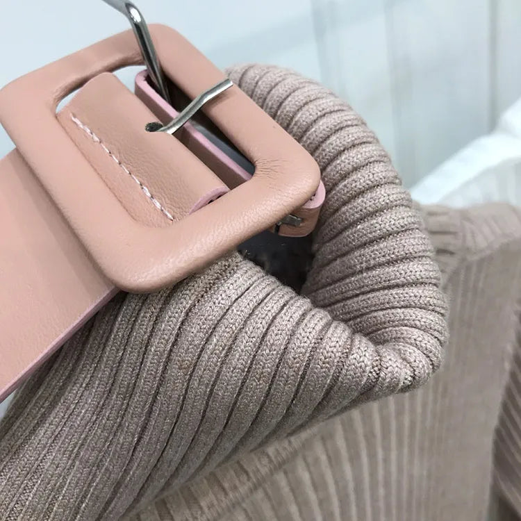Queen Knitted Bodycon Dress Bottoming Women Soft Elastic Turtleneck Sweater Autumn Winter Midi Party Dresses With Belt voguable