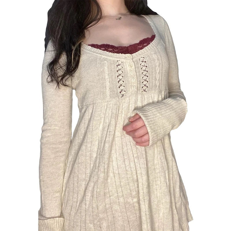 Vintage Babydoll Tops Pullovers Lady Aesthetic Coquette Knit Sweaters Outfit Autumn Square Neck Long Sleeve Knitwear Jumpers Y2k voguable