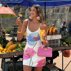 Sexy Mini Dress Women Summer New White Fashion O-Neck Streetwear Print Sleeveless Dress Strap Backless Casual Slim Elegant Dress voguable