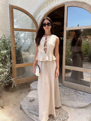Elegant Solid Women Skirt Set Fashion O-neck Lace Up Sleeveless Pleated Vest Suit 2024 Lady White High Waist Long Skirts Outfits voguable