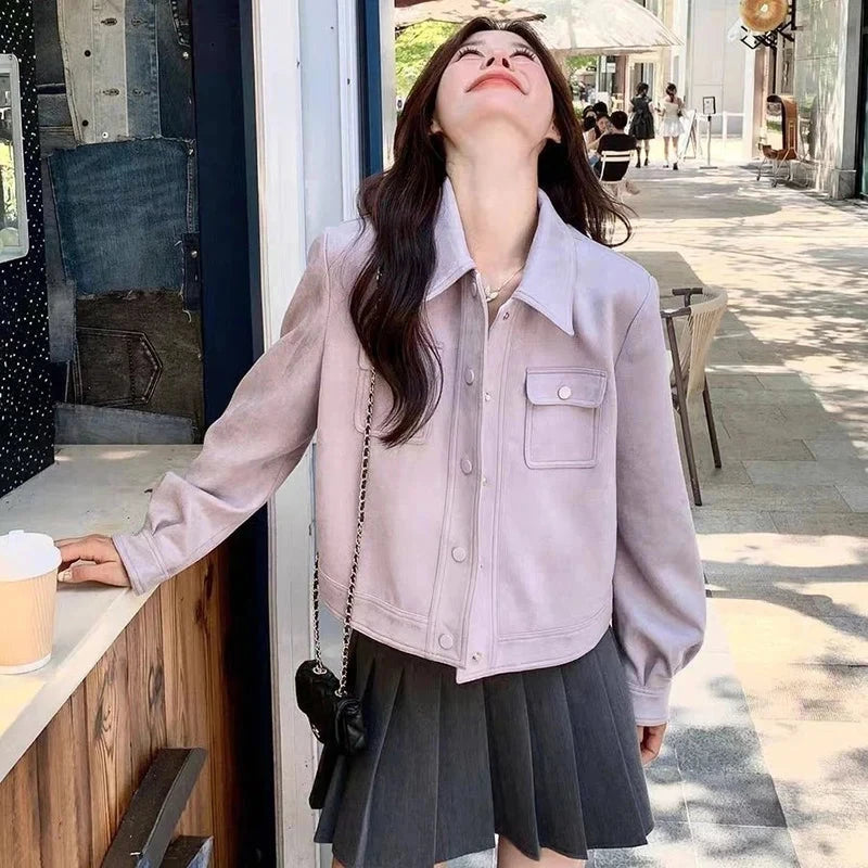 Purple Sweet Faux Suede Jacket Women Casual Vintage Korean Long Sleeve Coat Fall Winter Preppy Style Retro All Match Tops voguable
