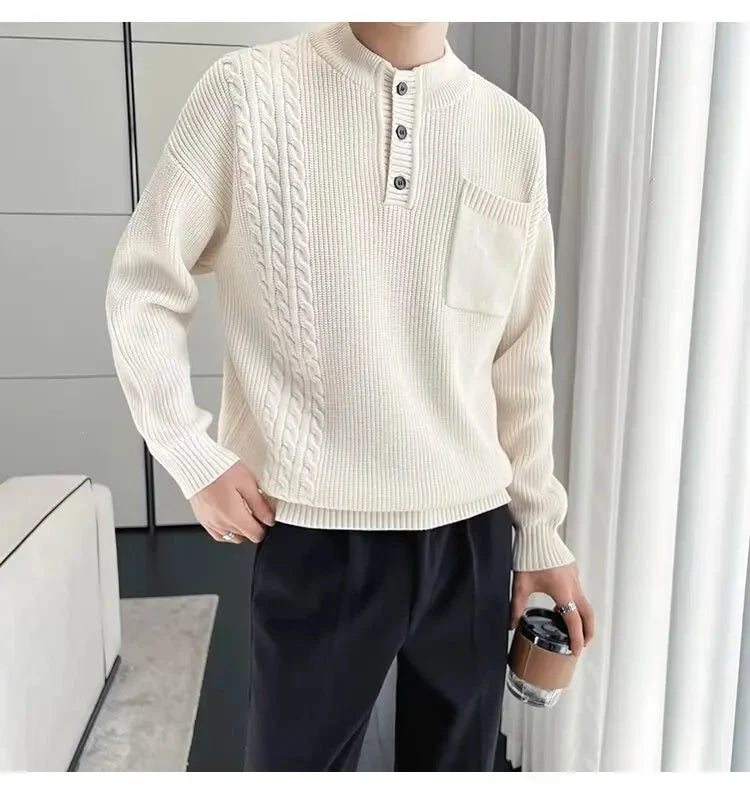 Korean Popular Men's Henry Collar Sweater Light Luxury Knit Long Sleeve Button Pullover Trending Jacquarded Solid Color Knitwear voguable