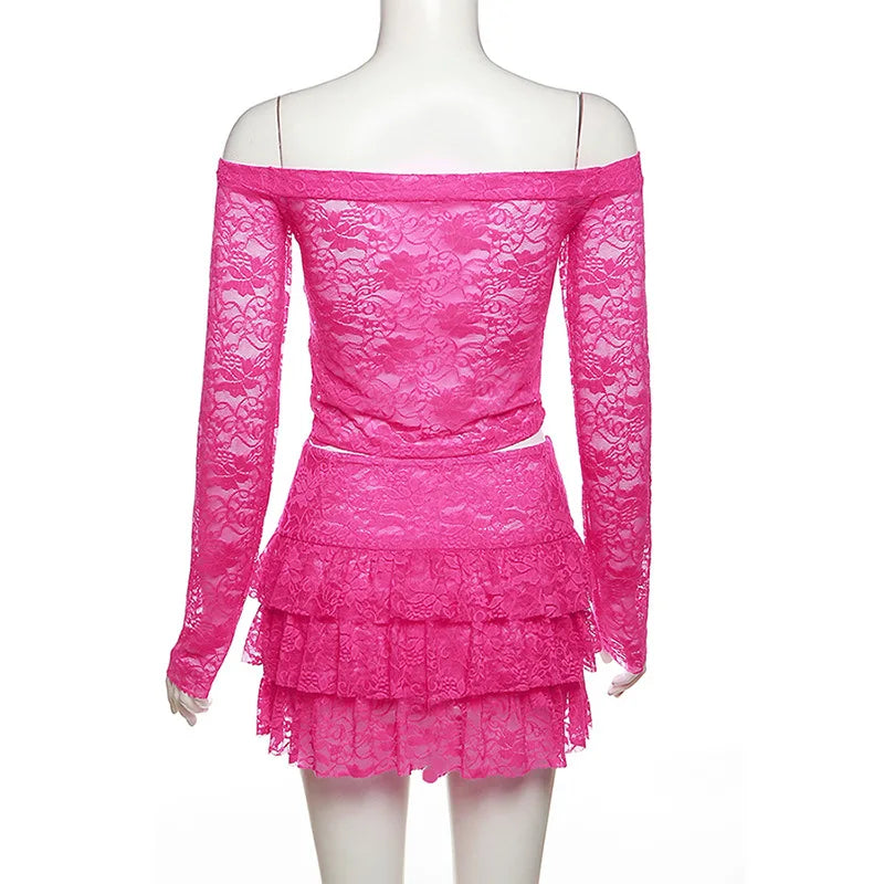 Sheer Lace Hot Pink Two Piece Set Tiered Mini Skirt And Top Y2k Chic Outfits for Women Long Sleeve Dresses voguable
