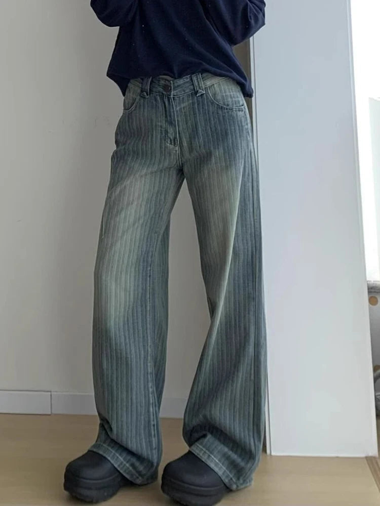 Women Streetwear Striped Jeans Vintage High Waist Design Y2K Denim Pant Casual American Hip Hop Harajuku Wide Leg Trousers Fall voguable