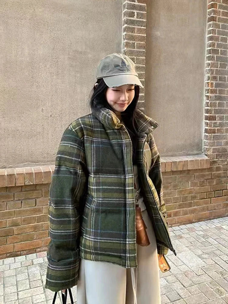 Retro Streetwear Y2K Plaid Parkas Women Winter Warm Thick Hip Hop Cotton Coat American Harajuku Stand Collar Bf Vintage Jacket voguable