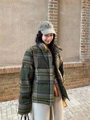 Retro Streetwear Y2K Plaid Parkas Women Winter Warm Thick Hip Hop Cotton Coat American Harajuku Stand Collar Bf Vintage Jacket voguable