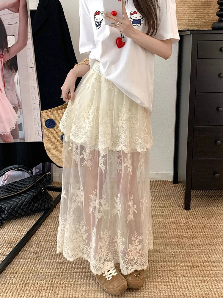 French Elegant Lace Midi Skirts Women Summer New Chic Patchwork Mesh Y2K Female High Waist Jacquard All Match A Line Skirts voguable