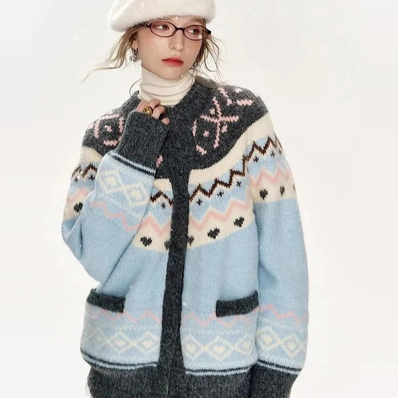 American Retro Print Cardigan Women Loose Lazy Wind Harajuku Knitted Sweater Casual Fall Winter Vintage O Neck Female Y2K Tops voguable