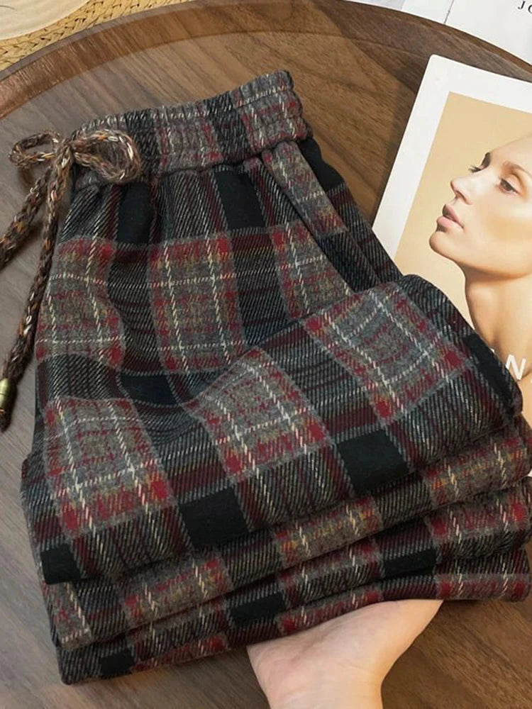 Retro Streetwear Plaid Pants Women Lace Up Loose Hip Hop Straight Trousers High Waist Casual Vintage Harajuku Bf Wide Leg Pant voguable