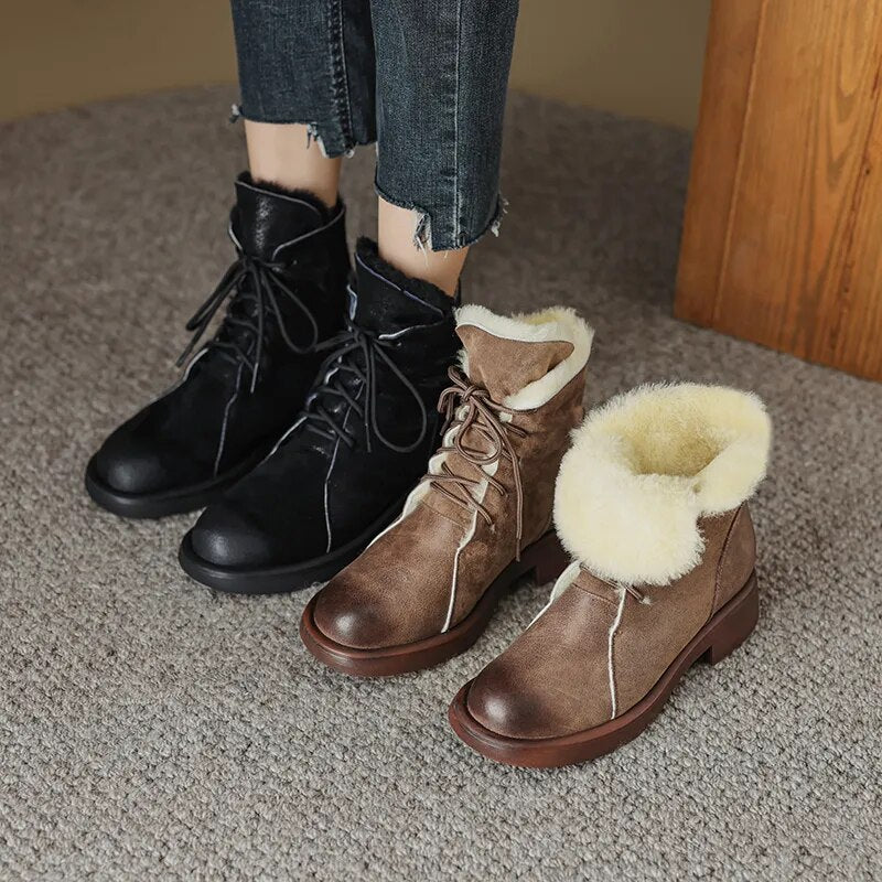 Winter New Women Ankle Boots Thick High Heels Warm Wool Snow Boots Genuine Leather Cross-Tied Popular Shoes Woman Casual voguable