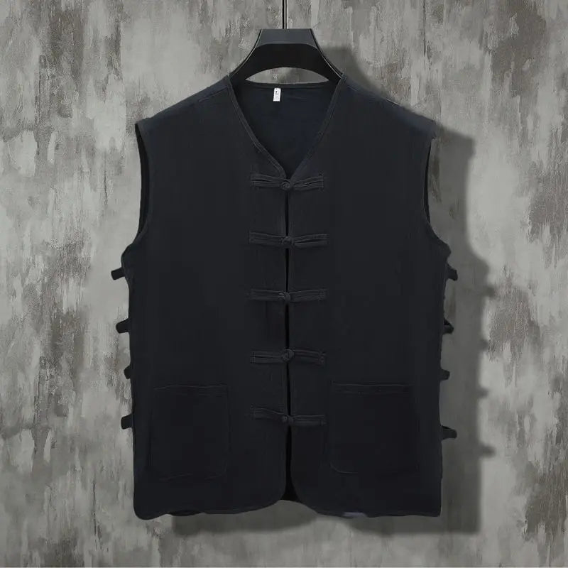 Voguable  Summer Men's New Chinese Style Patchwork V-Neck Fashion Solid Color Button Pocket Casual All-match Sleeveless Vest Tops voguable