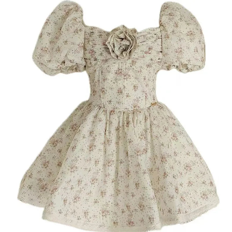 Fashion Women Dress Patchwork Lace 3D Flowers Print Short Puff Sleeve Square Collar Female Party Dress New Tide voguable