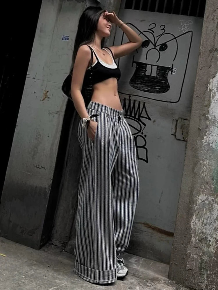 Voguable  Striped Low Waist Wide Leg Pants Women Old Money Style Streetwear Fashion Baggy Trousers Office Elegant Suit Pants 2024 voguable