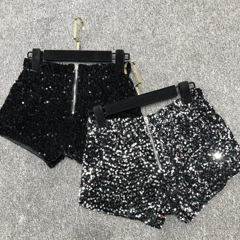 Voguable  Whole Body The New Sparkling Sequins Shorts Women Short Zipper Nightclub Woman Slim Fit for Silver and Black   Sexy Shorts voguable