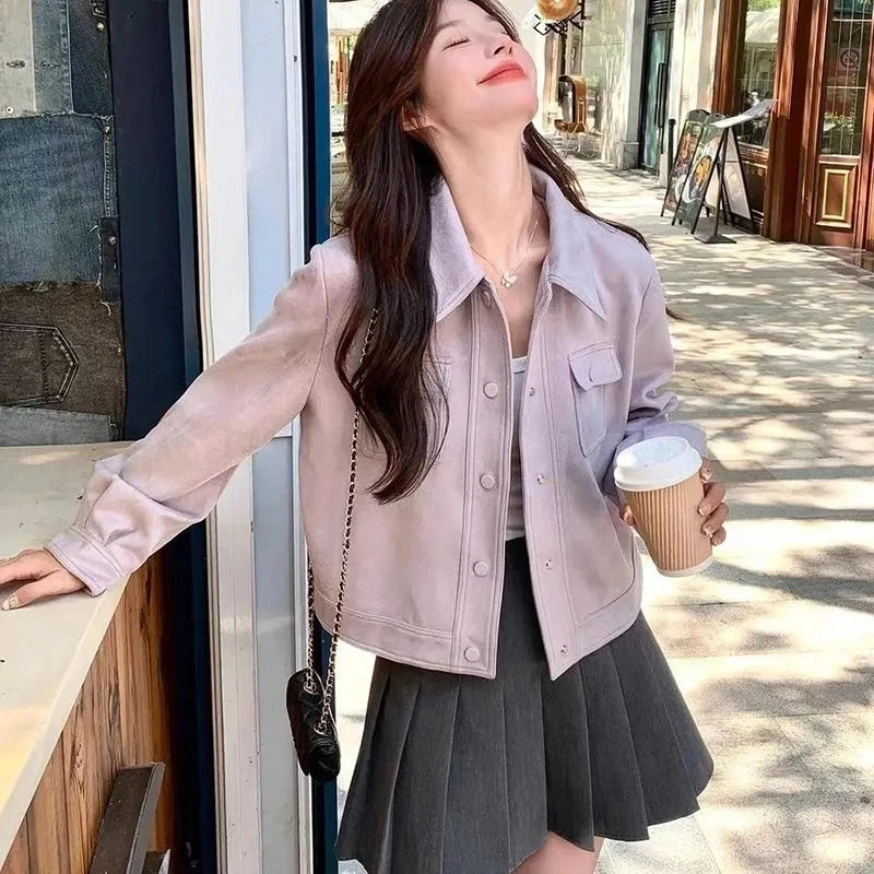 Purple Sweet Faux Suede Jacket Women Casual Vintage Korean Long Sleeve Coat Fall Winter Preppy Style Retro All Match Tops voguable