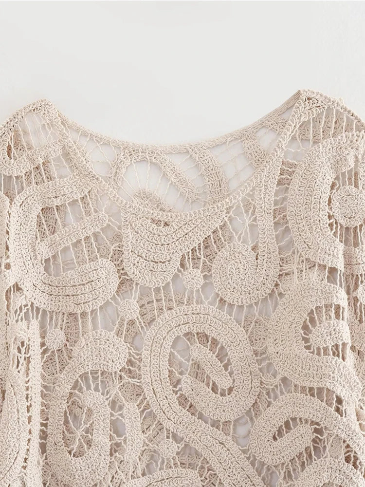 Voguable  Women Crochet Knit Blouse Vintage Long Sleeve O Neck Female Casual Loose Summer Crop Top voguable