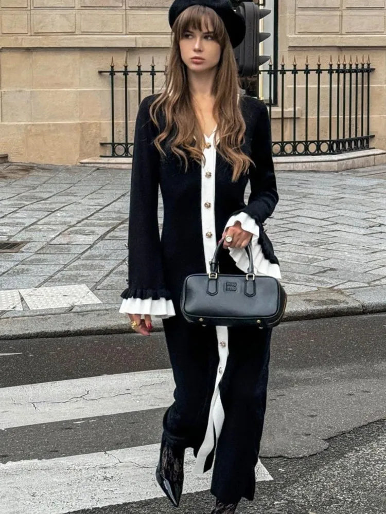 Winter Autumn Single Breated Elegant Knit Dress V-neck Flare Sleeve Patchwork Black Women Dress Chic Fashion Woman Cloting voguable