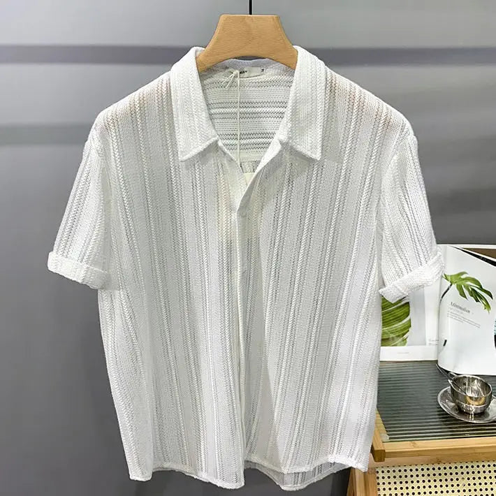 Voguable  Hollow Short-sleeved Shirt Men's Summer Thin Trendy Handsome French Light Luxury Drape Hawaiian Shirt Men's Top voguable