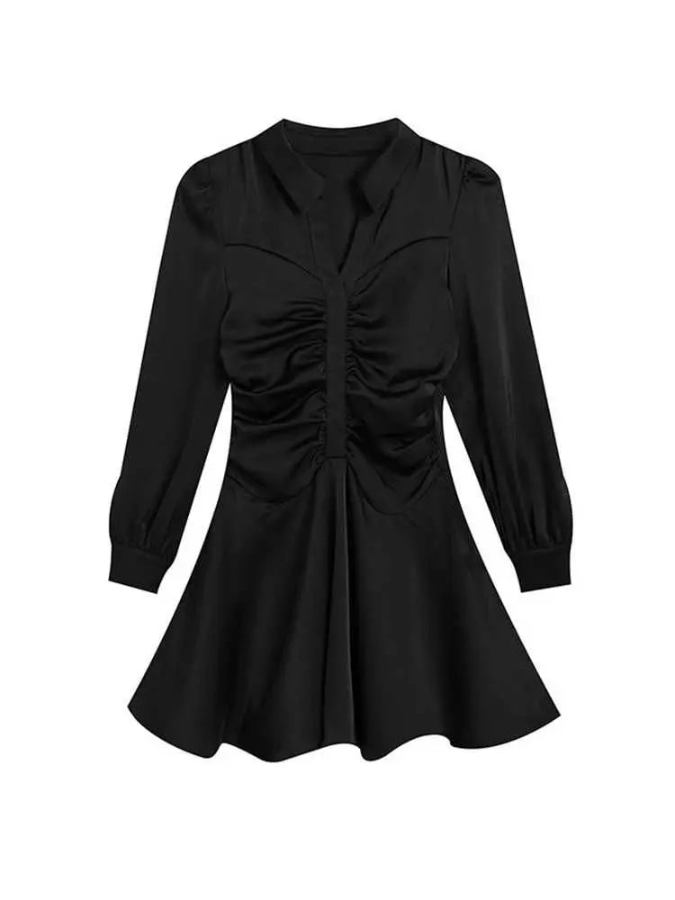 Voguable  Elegant Glossy Satin Mini Dress Women Turn Down Collar Bubble Sleeve Ruched Slim High Waist Flowy A Line Shirt Dresses voguable