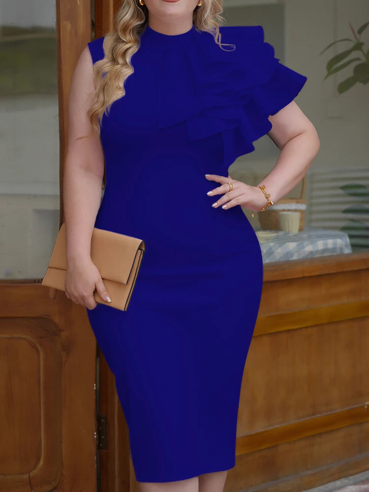 Voguable  Spring Summer Fashion Bodycon High Neck Sleeveless Dress Women's One Shoulder With Flower Ruffle Elegant Evening Party Dress voguable