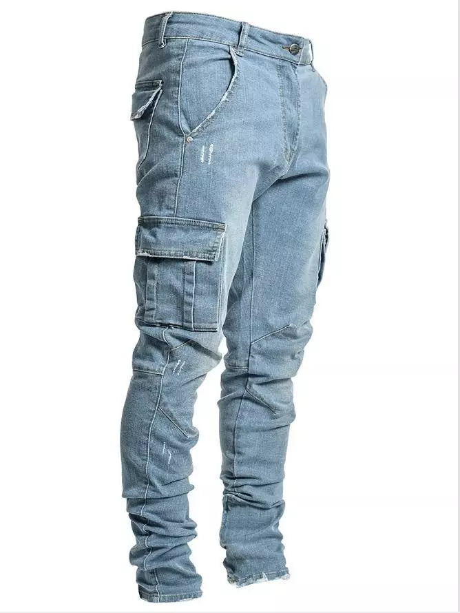 Jeans Men Pants Wash Solid Color Multi Pockets Denim Mid Waist Cargo Jeans Plus Size Fahsion Casual Trousers Male Daily Wear voguable