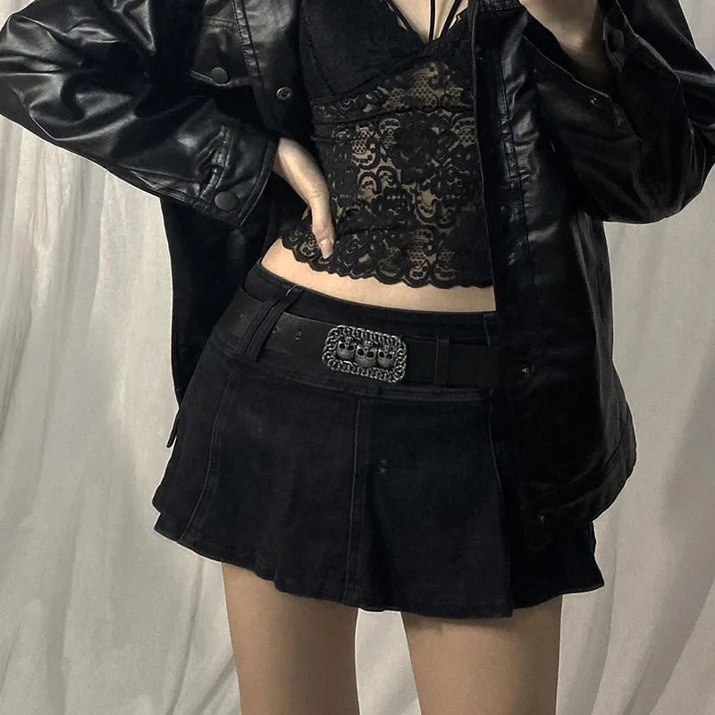 Harajuku Y2k Denim Skirt Women Dark Gothic Streetwear Mini Skirt with Skull Belt Mall Goth Punk Grunge Sexy Emo Clubwear voguable