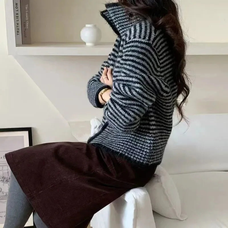 Harajuku Y2K Striped Cardigan Women Vintage Loose Casual Knitted Sweater Fall Winter Japan Retro Long Sleeve Female Soft Tops voguable