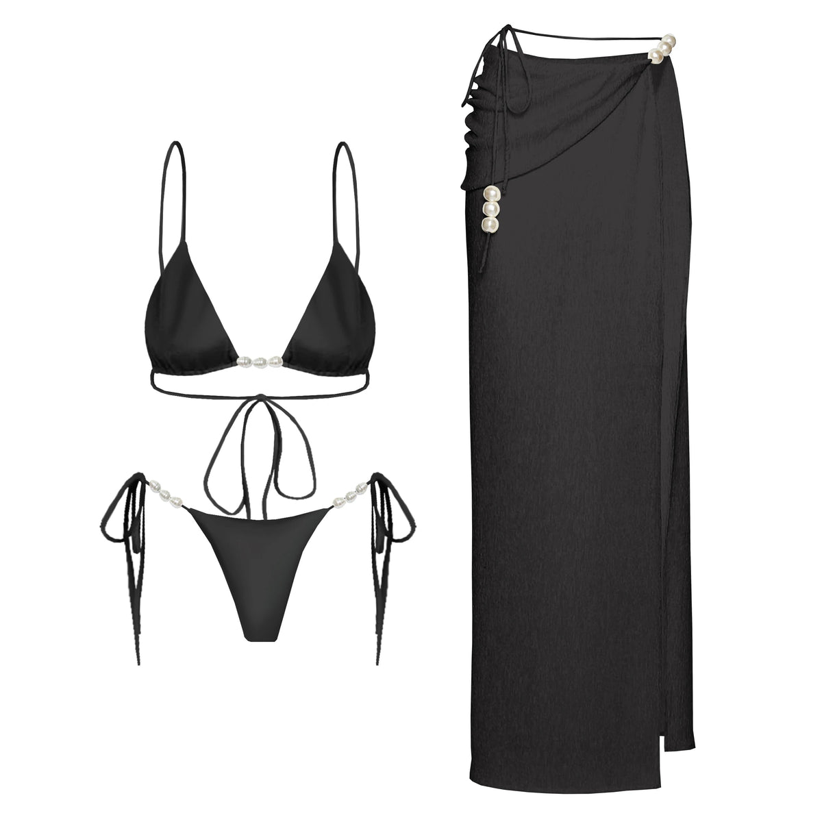 3Pcs Sexy Bikini Set With Cover Up Pearls White Swimsuit Women Halter Swimwear Female Off Shoulder Bathingsuit Biquini Beachwear voguable