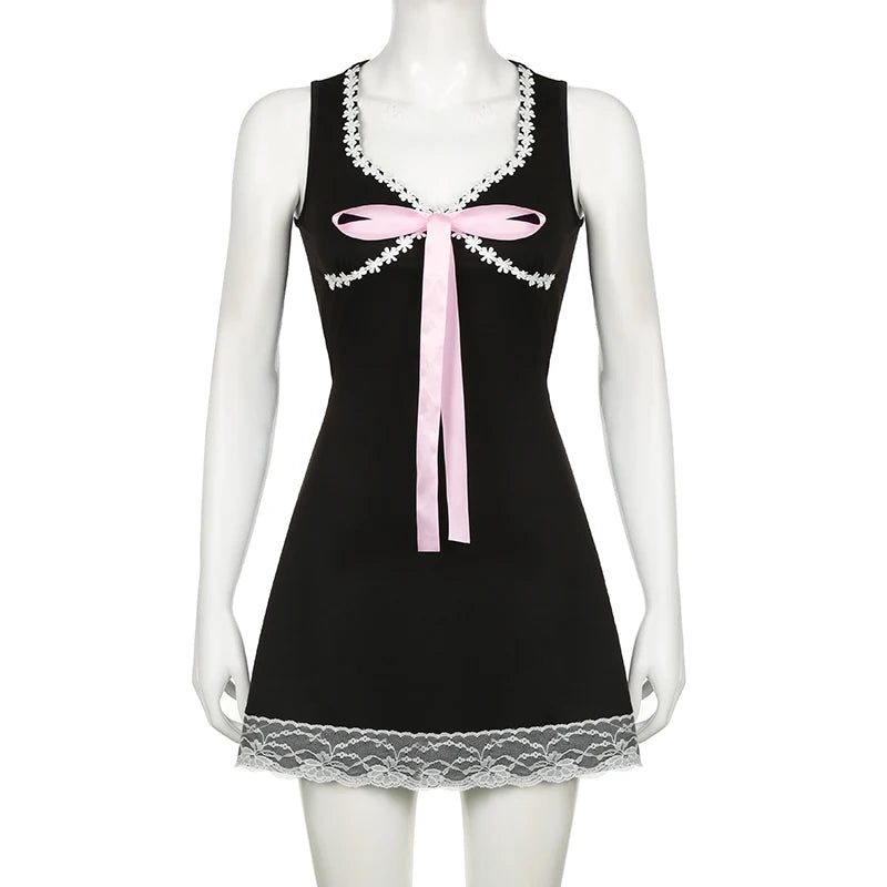 Voguable  Coquette Floral Lace Patchwork A-line Mini Dress Princess Square Collar Bow Decorate Sundress for Holiday Party Y2K voguable