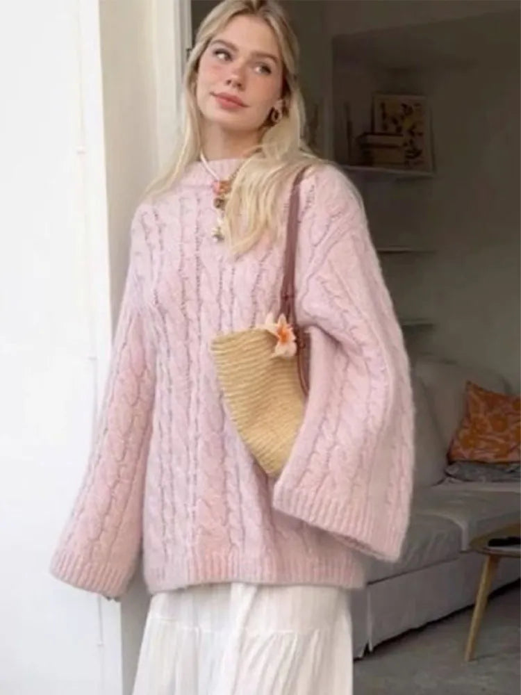 Elegant Sweet Pink Round Neck Knitted Sweater Women Casual Long Sleeve Loose Warm Pullover 2024 New Autumn Lady Commute Knitwear voguable