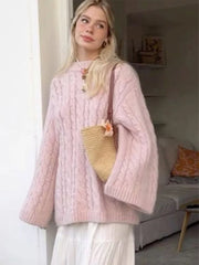 Elegant Sweet Pink Round Neck Knitted Sweater Women Casual Long Sleeve Loose Warm Pullover 2024 New Autumn Lady Commute Knitwear voguable