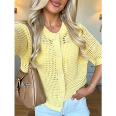 Voguable  Korean Fashion Hollowed Out Round Neck Casual Short Sleeved Cardigan Summer New Solid Color Elegant Women's Knitted Tops voguable