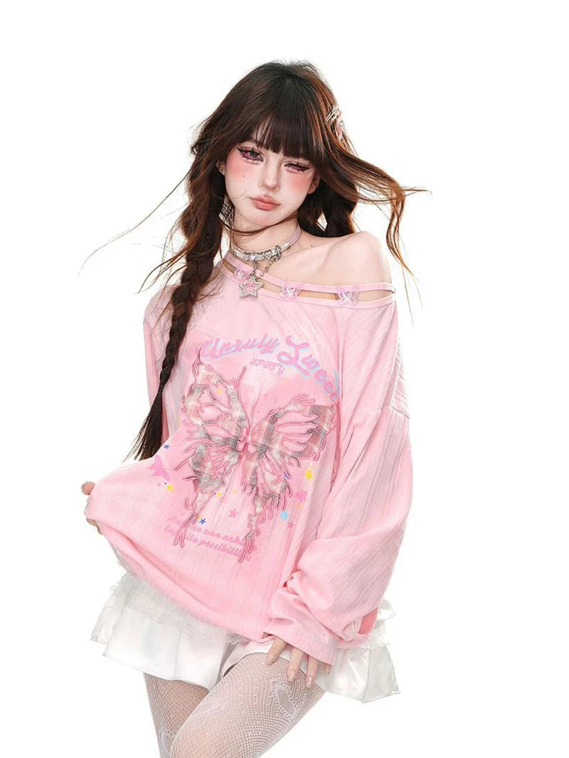 Streetwear Bufferfly T Shirt Women Loose Hollow Out Long Sleeve Vintage Tees American Sweet Casual Oversize Letter New Tops voguable