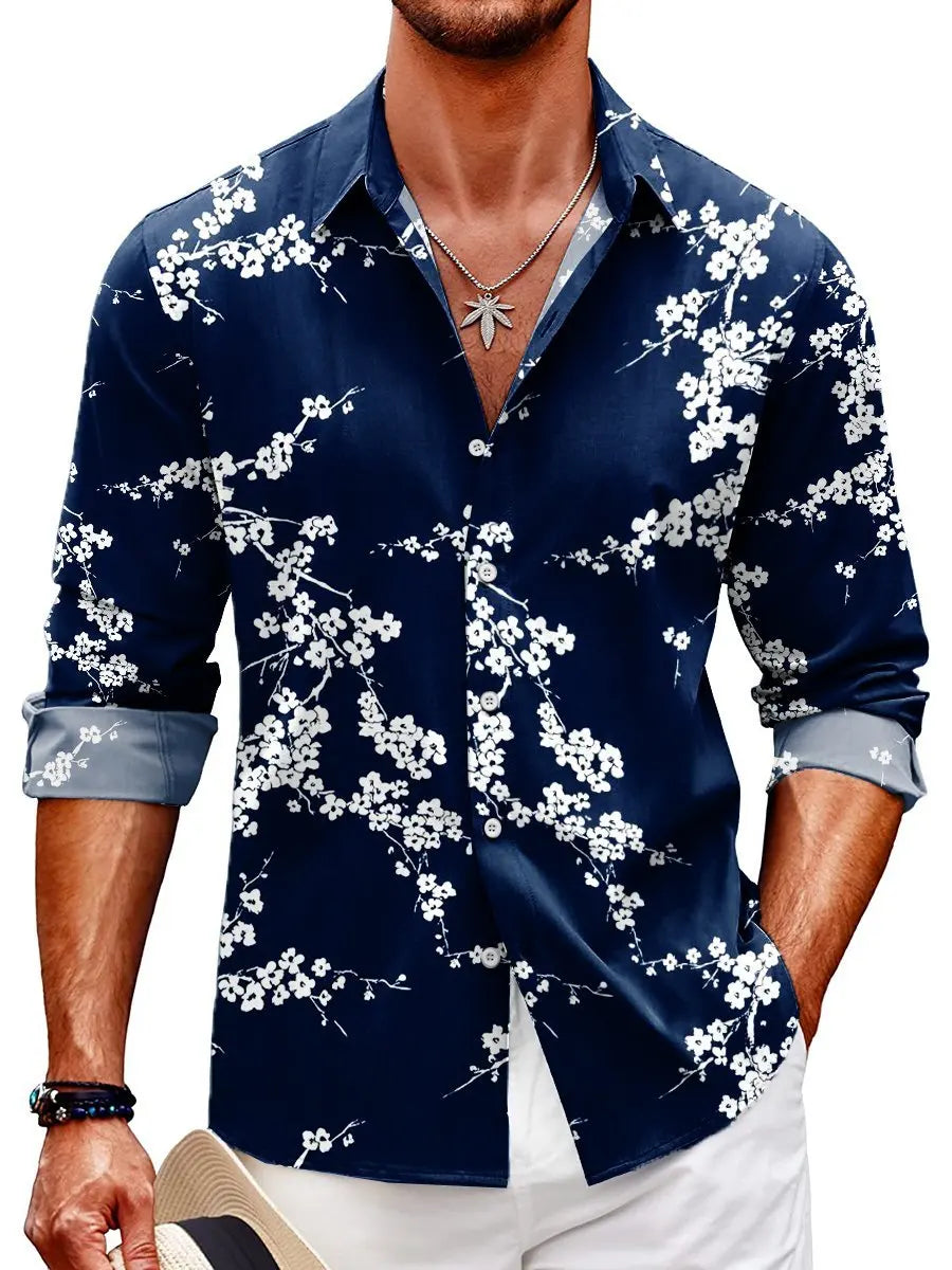 Mens Red Floral Print Long Sleeve Shirt Fashion Design Luxury Long Sleeve Tops Mens Four Seasons Button Lapel Shirt voguable
