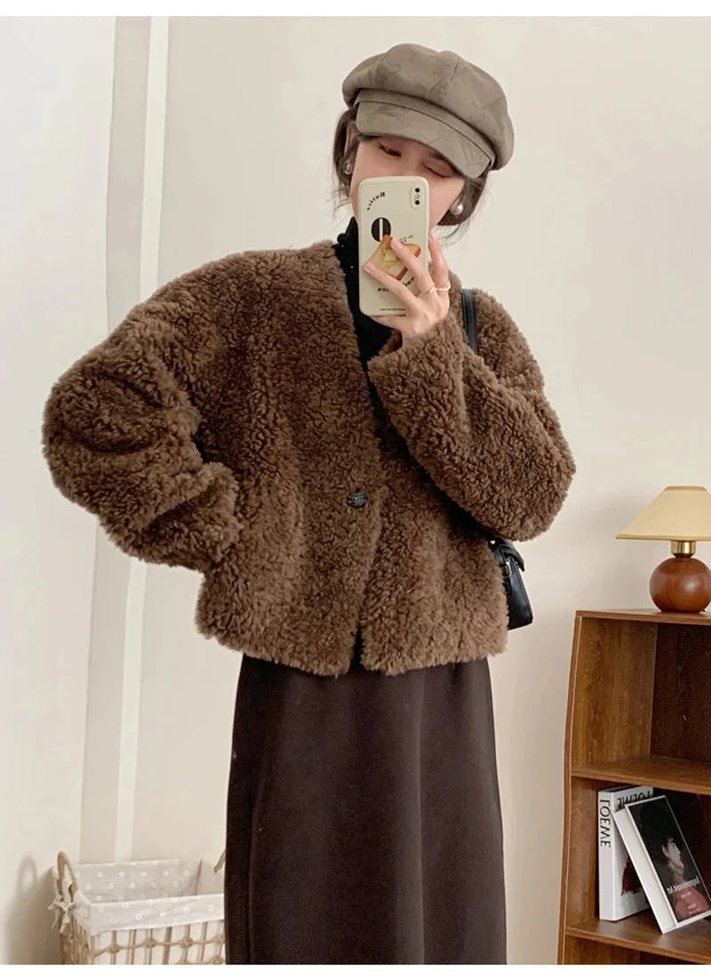 Winter Vintage Women Faux Lamb Coat Warm Soft Long Sleeve V Neck Sweet Jacket Retro Simple Solid Korean Female Preppy Style Tops voguable