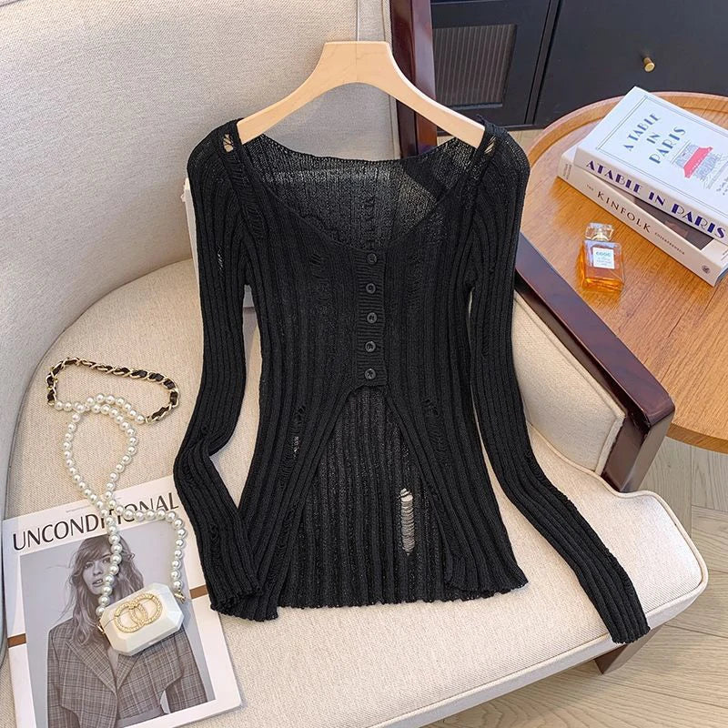 Hollow Out Knitted Cardigan Women Y2K Korean Sexy Streetwear Hole Long Sleeve Sweaters Summer Fashion Thin Irregular Female Tops voguable
