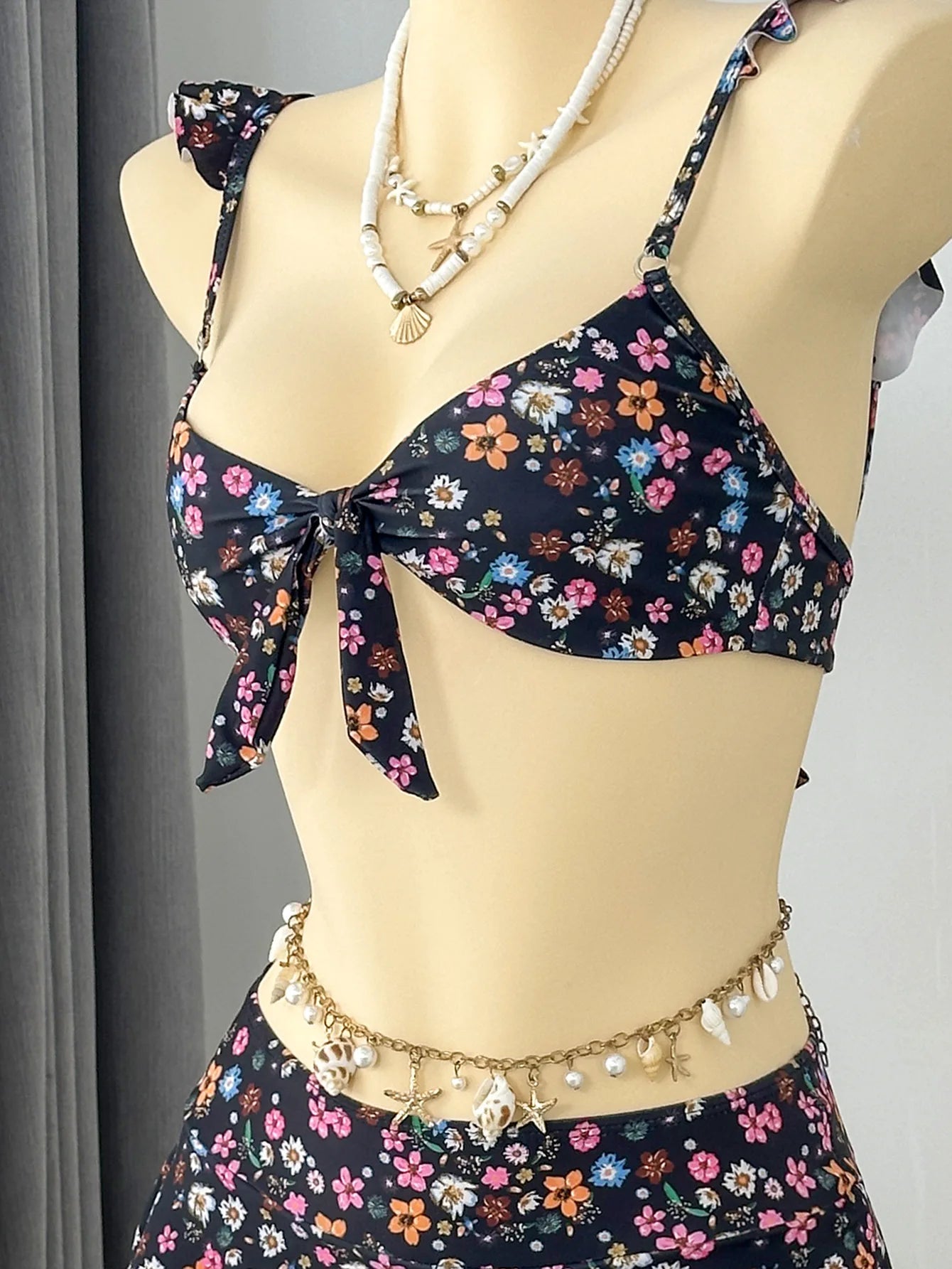 Voguable  Cute Floral Print Bikini Set Bow Front Spaghetti Strap Top with Lace Trim Ruffle Skirt Cover Up Bikinis Set Swimsuit for Women voguable