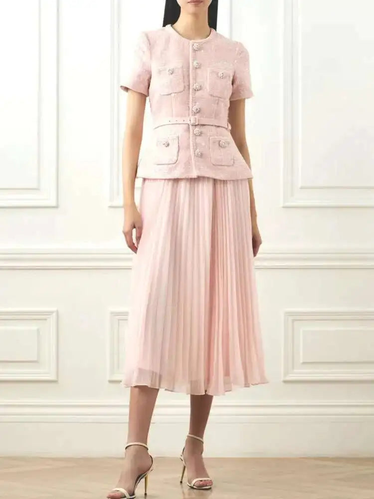 Women's Elegant 2 Pcs Set O Neck Short Sleeve Sequins Tweed Belt Coat High Waist Pleated Skirts Sets 2025 New Autumn voguable