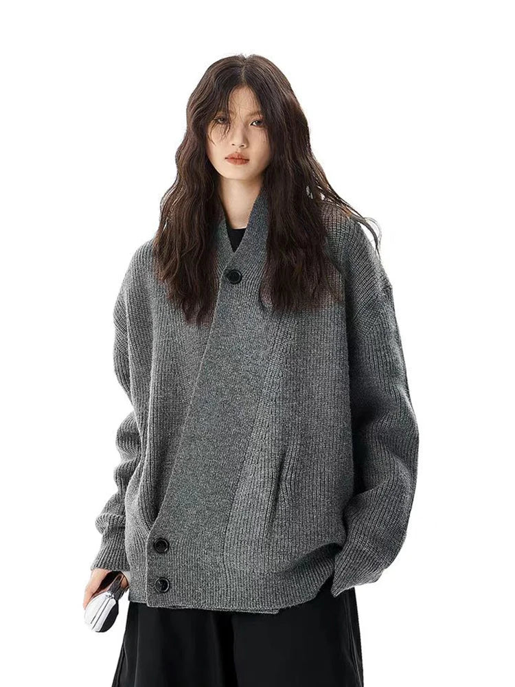 Hip Hop Y2K Gray Cardigan Sweaters Women Loose Streetwear V Neck Design Knitted Coat Casual Vintage Long Sleeve Bf Gothic Tops voguable