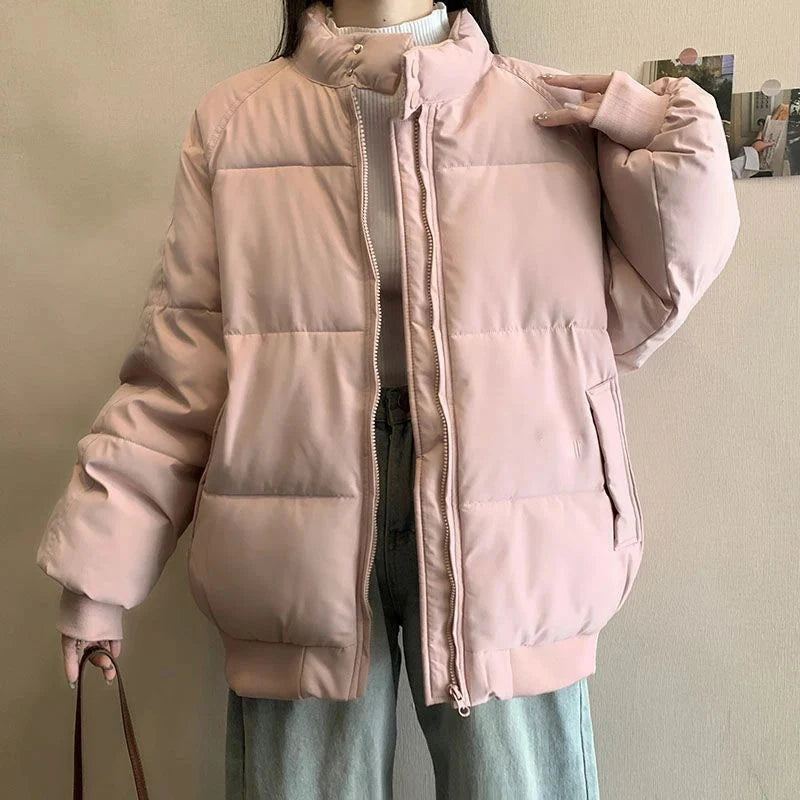 Preppy Style Sweet Pink Parkas Women Vintage Long Sleeve Winter Thick Warm Cotton Jacket Casual Stand Collar Loose Outwear voguable