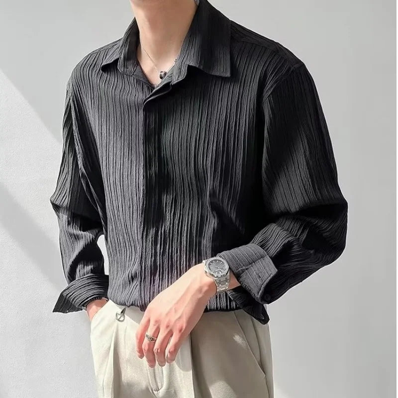 Voguable Black Apricot White Long-sleeved Shirt Men Fashion Social Men Dress Shirt Korean Loose Casual Pleated Shirts Men Formal Shirt voguable