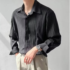 Voguable Black Apricot White Long-sleeved Shirt Men Fashion Social Men Dress Shirt Korean Loose Casual Pleated Shirts Men Formal Shirt voguable