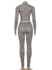 Voguable  Leopard Letter Tracksuit Women 2 Piece Set Y2K Zip Crop Jacket+Metal Sash Leggings Sporty Matching Stretch Streetwear voguable