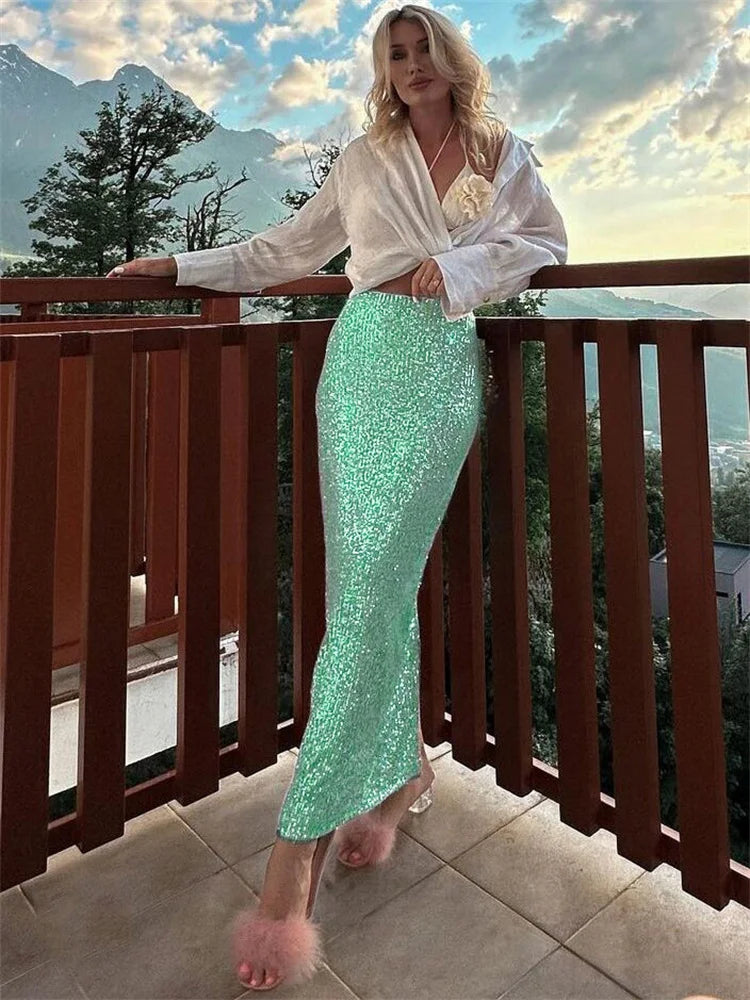 Silver Sequins Long Skirt For Women Summer High Wasit Slim Skirts Femme Sexy Crop Tops Party Flash Faldas Ajustadas Woman voguable