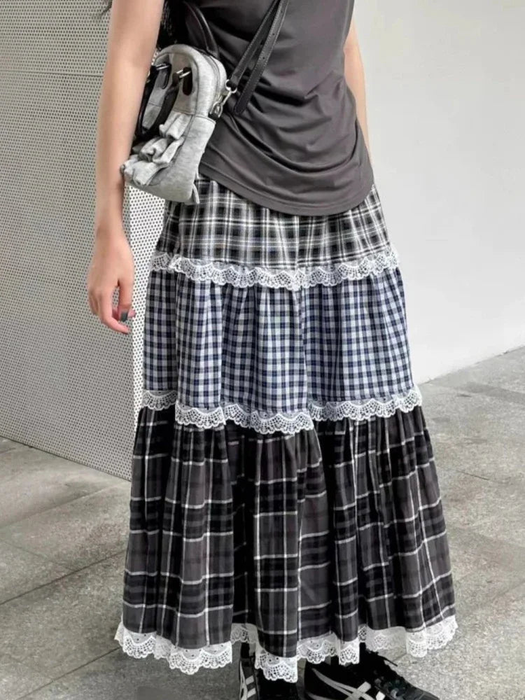 Vintage Harajuku Lace Plaid Skirt Women Preppy Style Long Skirts Autumn Winter Streetwear Retro A-line Ruffle Skirts voguable