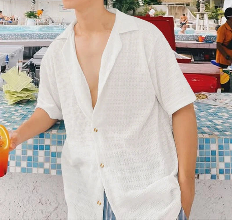 Summer Men Shirt Mesh Transparent Lapel Short Sleeve Streetwear Men Clothing 2025 Solid Color Sexy Oversize Male Shirts voguable