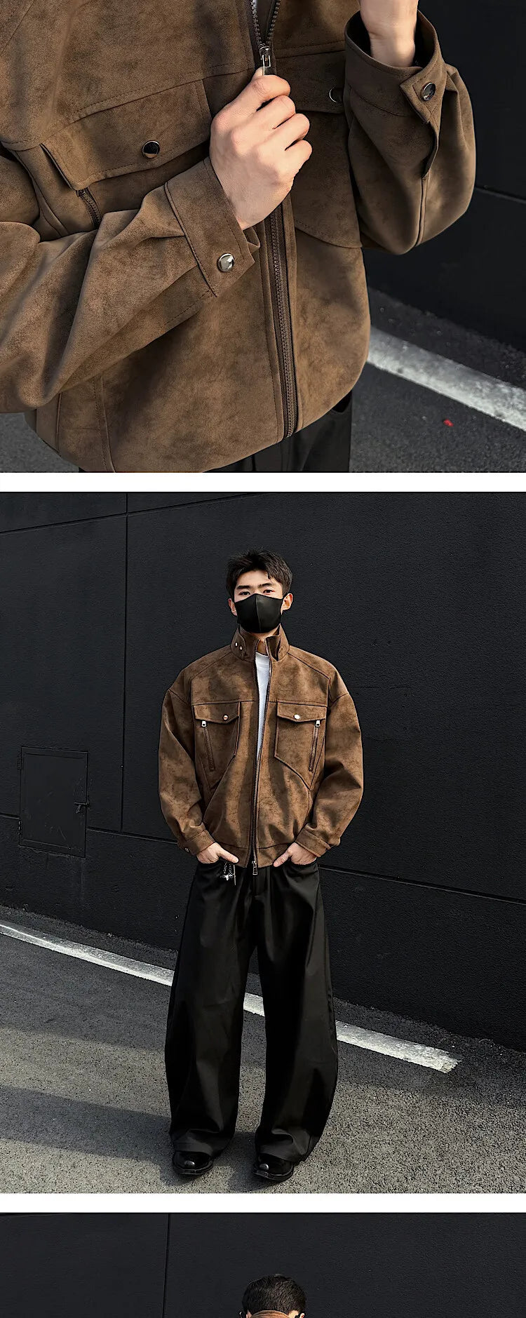 Mens Short Stand Collar Motorcycle Jacket Patchwork Cargo Biker Coat Spring Outdoor Riding Fashion Streetwear Urban Trendy voguable